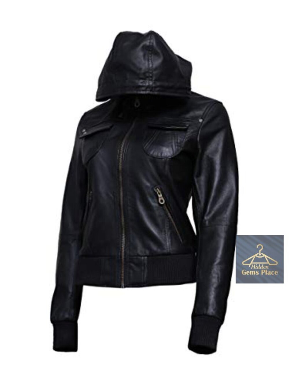 Genuine Lambskin Leather Motorcycle Jacket Removable Hood Quilted Lining